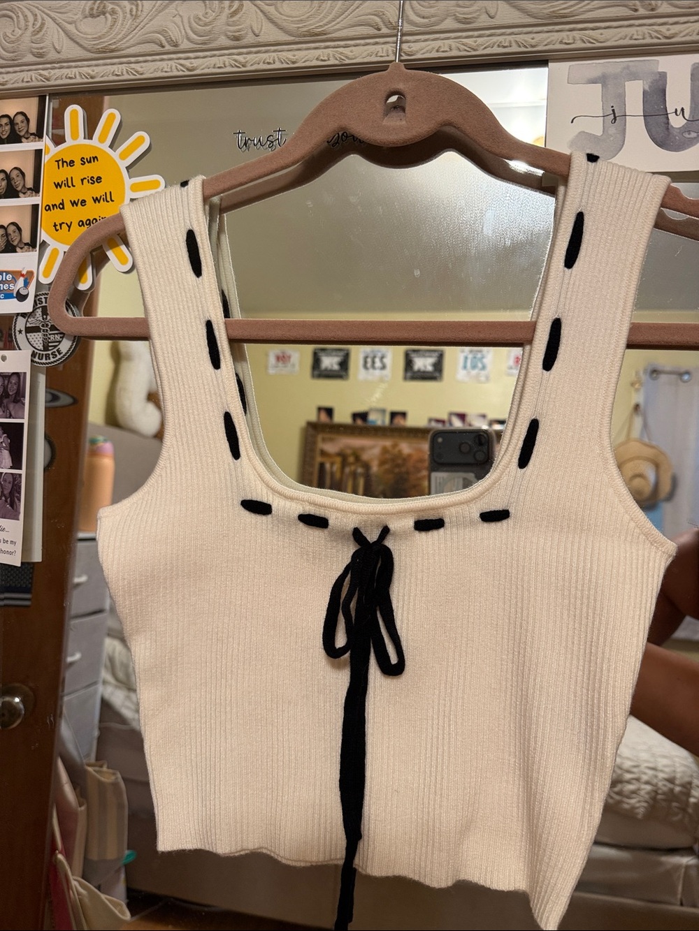 Cream Knit Tank Top with Black Tie Detail